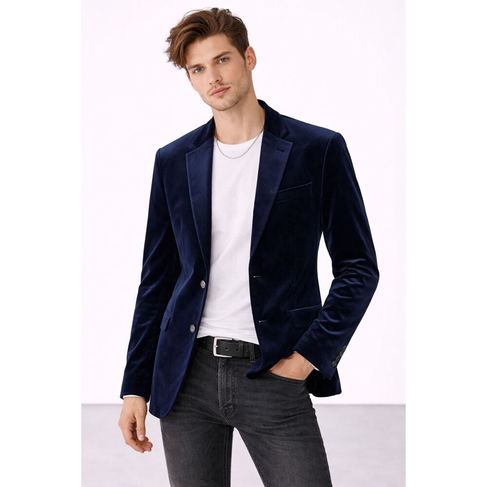 Navy Velvet Party Holiday Blazer Sport Coat Size 46R Tailored Fit Van Heusen
